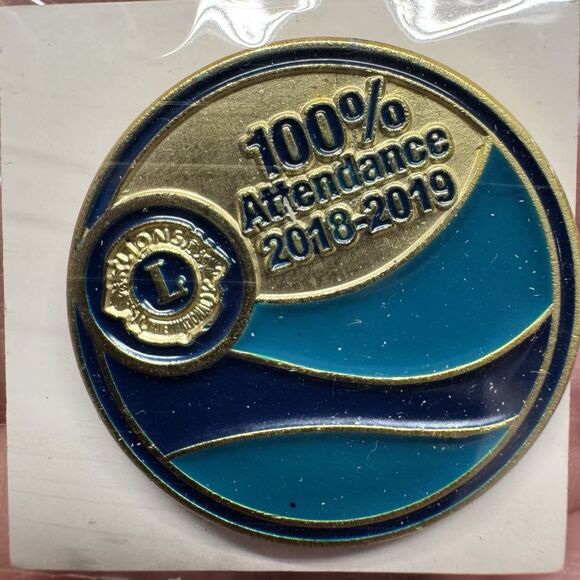 Lions Club International 100% Attendance Pin 2018-2019 Gold Blue Enamel Award - Picture 1 of 5